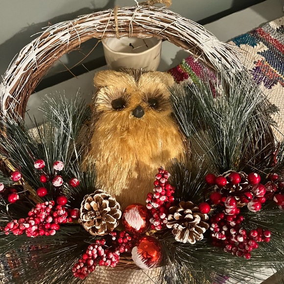 Festive Owl Holiday Wreath with Red Accents - Picture 2 of 2